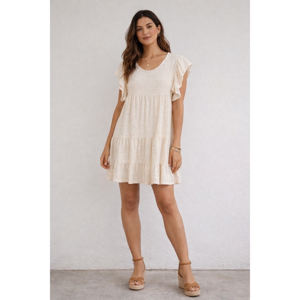 Peach Love California Cream Speckled Tiered Ruffle Sleeve Mini‎ Dress L